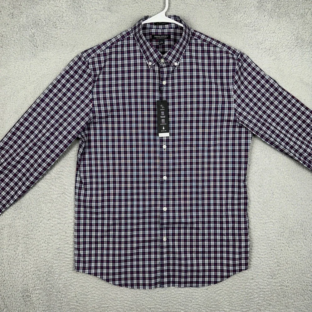 NEW Banana Republic Shirt Mens Large Slim Flex Fit Navy Red Plaid Tech Stretch
